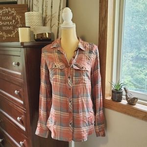 Maurices Pink and Teal Button Down Plaid Blouse